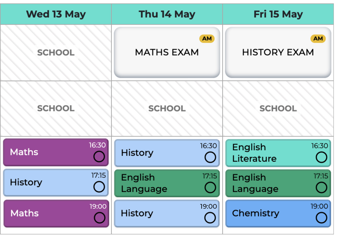 Planner week showing exams as well as revision blocks.