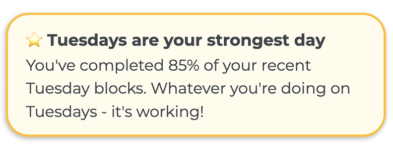 Plan insight - Tuesdays are your strongest day! You've completed 85% of your recent Tuesday blocks.  Whatever you're doing on Tuesdays - it's working!
